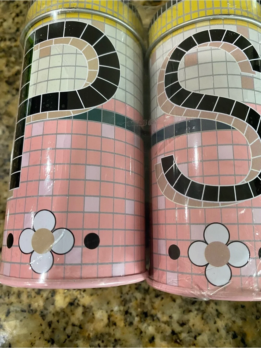 Mosaic Style Tin Pink Black Salt and Pepper Shaker Set Spice Tin 4.5”H x 2” W